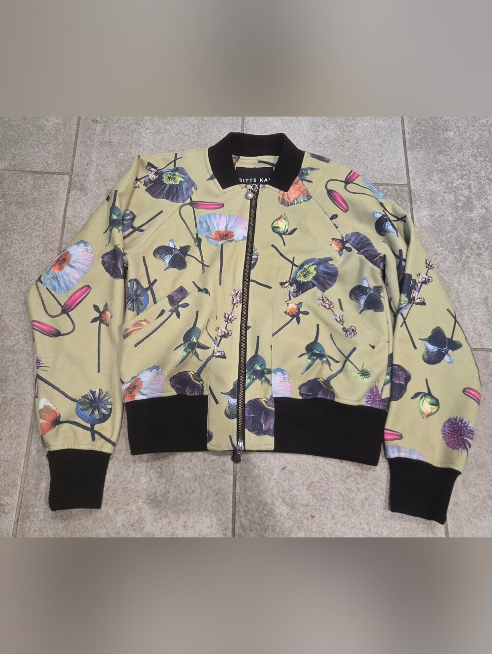 Bitte Kai Rand Floral Bomber Jacket XS Green Flower Full Zip Art To Wear Danish